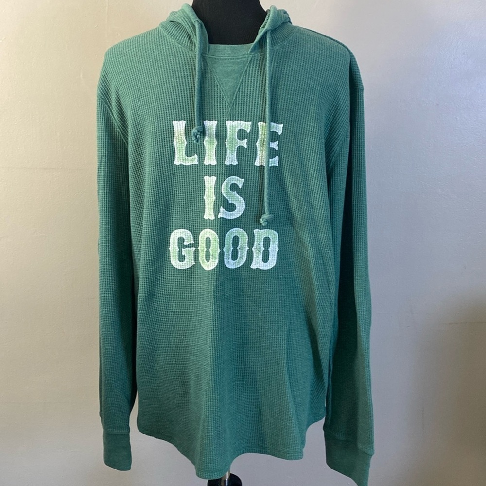 Life Is Good Green Waffle Knit Hoodie Sz L
